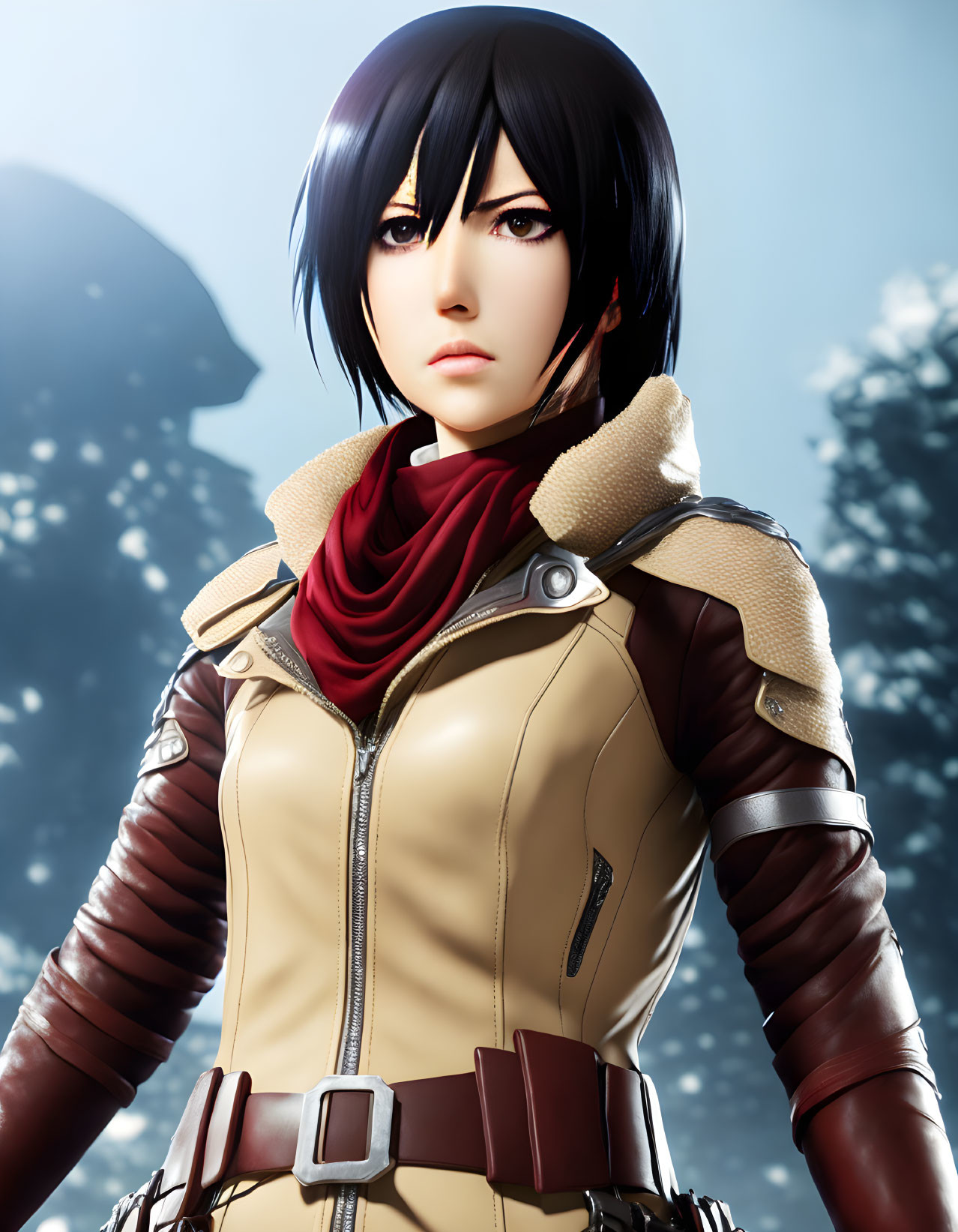 Female character with short black hair in tan jacket and combat gear