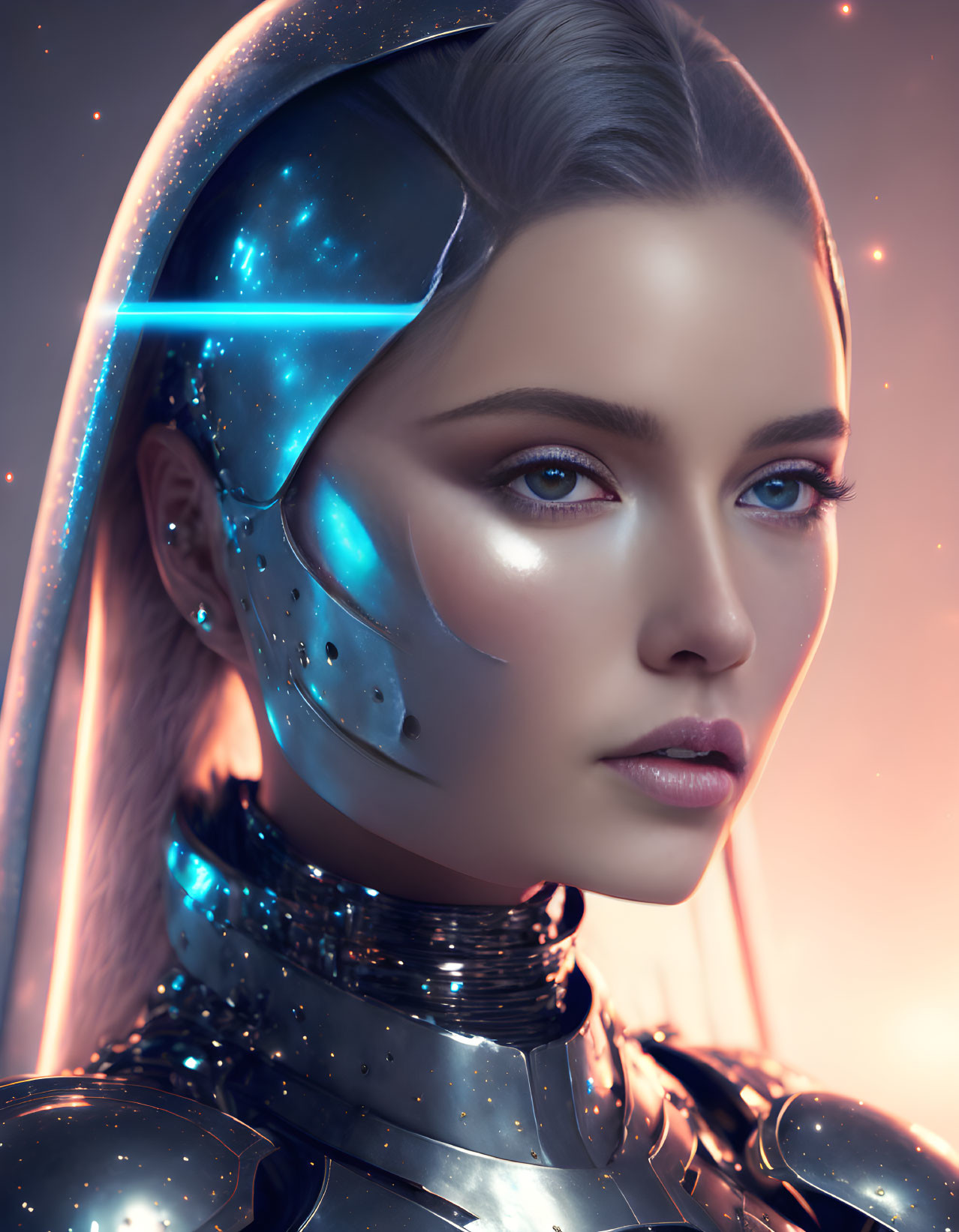 Futuristic woman with silver helmet and blue visor in metallic armor