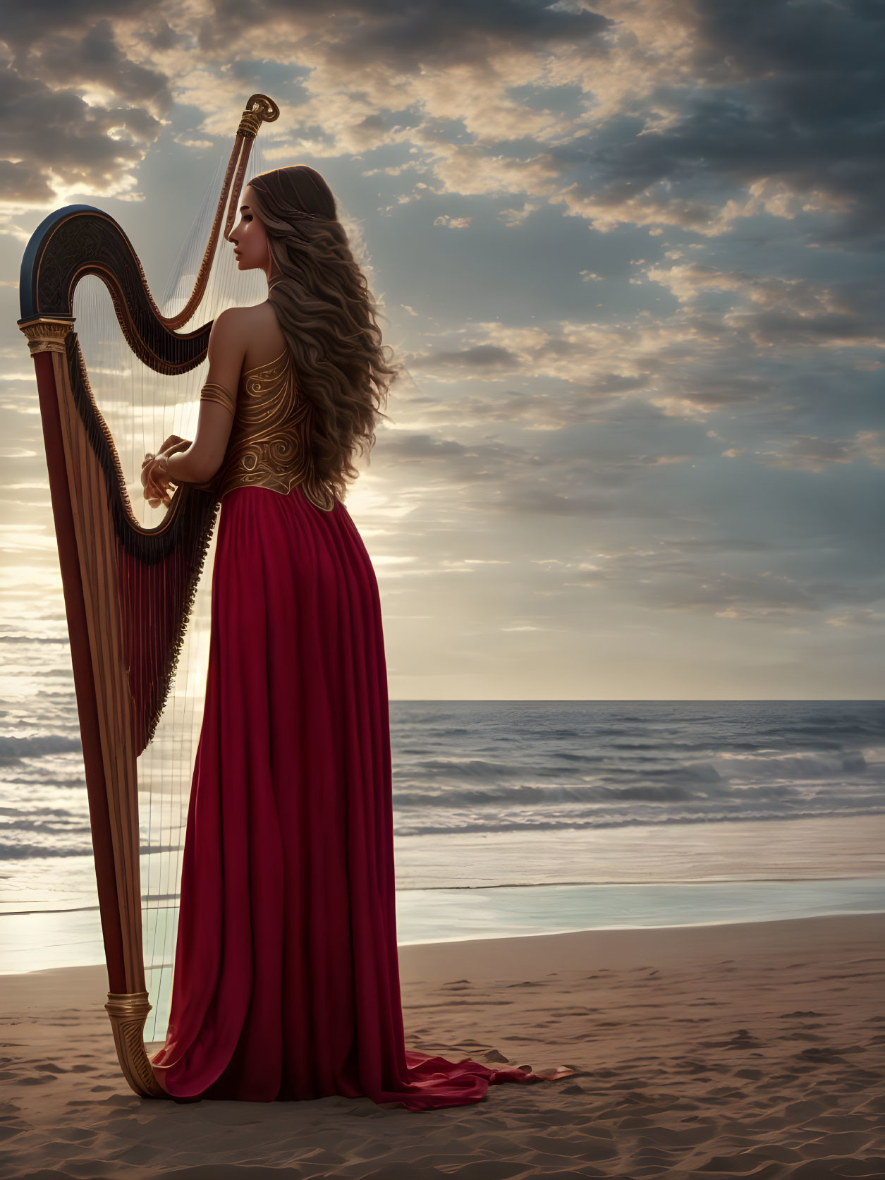 Woman in red dress playing harp on beach with wavy hair, cloudy sunset sky.