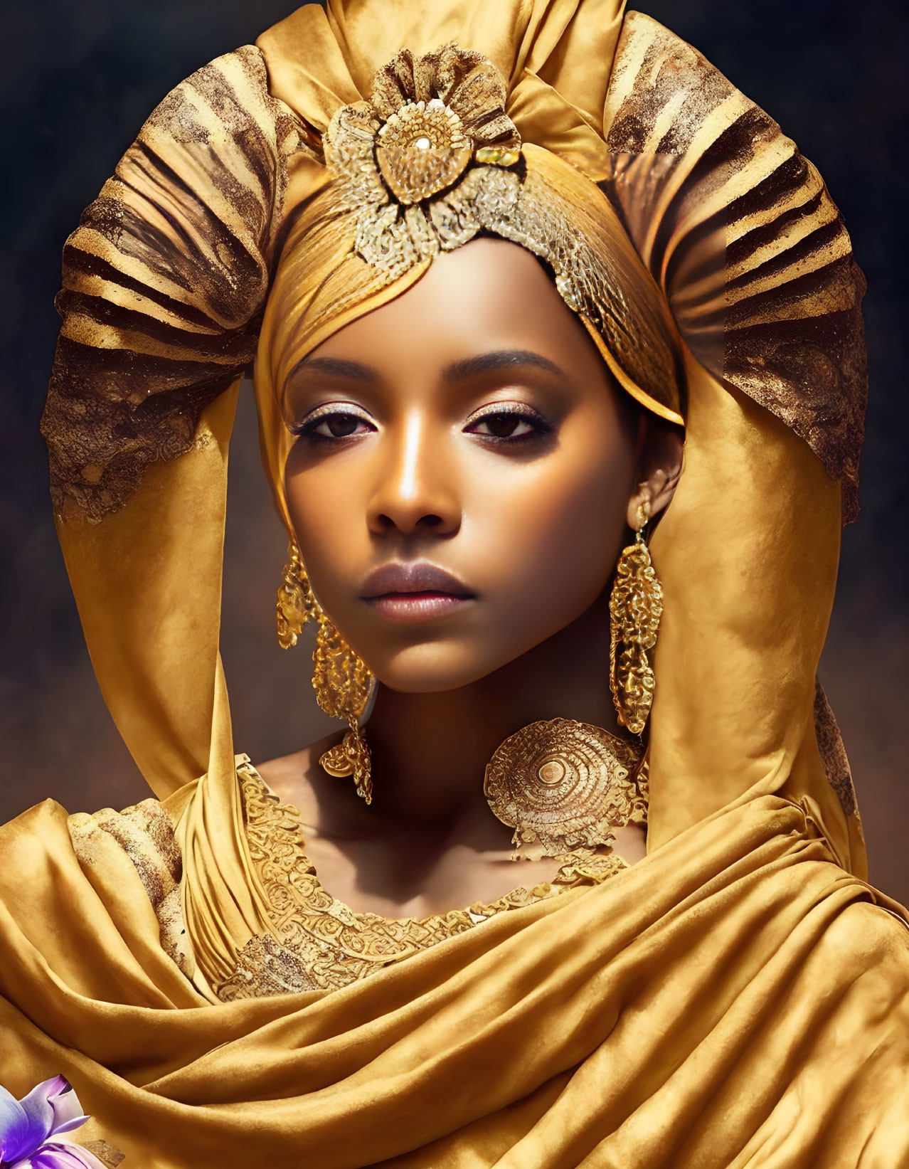 Elegant woman in gold headwrap and dress with intricate jewelry poses against dark background