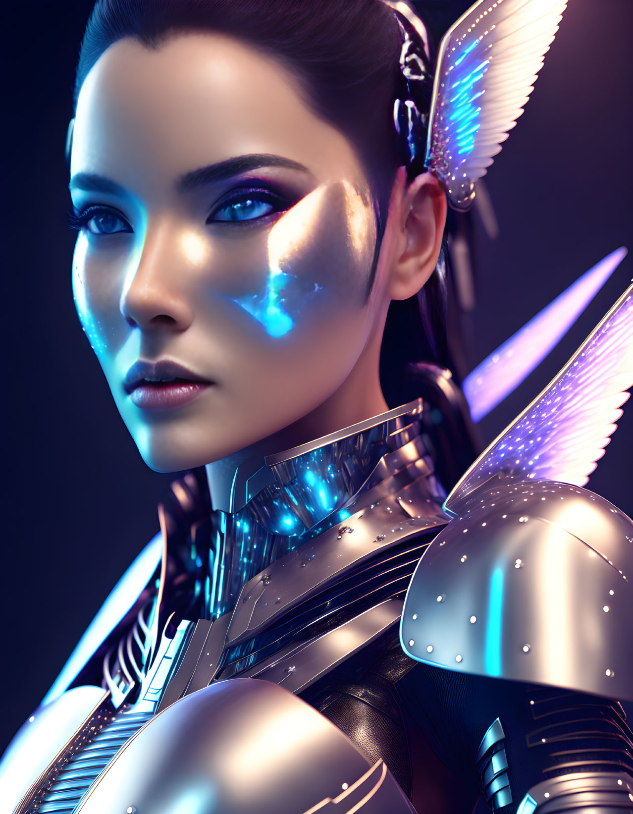 Female cyborg with glowing blue eyes and illuminated wing-like structures