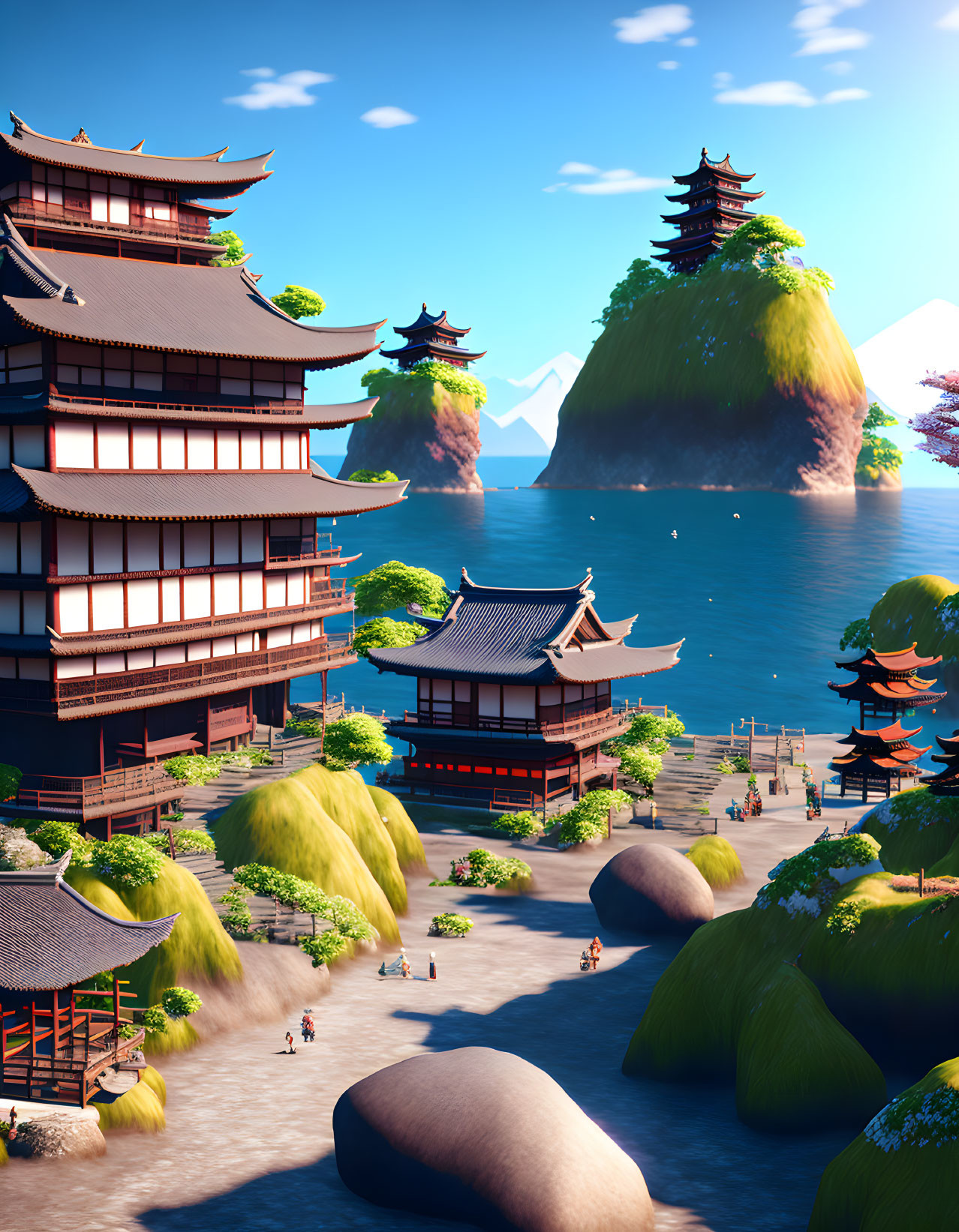 Traditional Japanese buildings by calm sea with mountains and strolling people