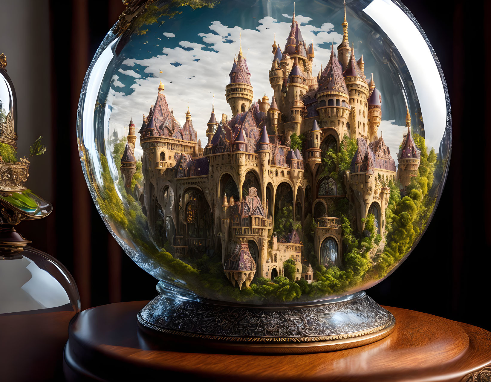 Miniature fairy-tale castle in glass globe on wooden stand in dark room with light reflections