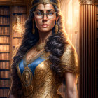 Regal woman in gold and blue attire with intricate armor and jeweled headpiece.