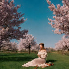 Woman in vintage white dress under cherry blossom trees with picnic basket