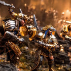 Two armored knights with horned helmets in battle stance against dark, moody backdrop.