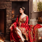 Elegant woman in luxurious red dress by fireplace