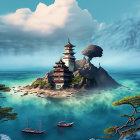 Ancient pagoda on island with misty mountains and blue waters