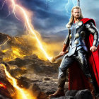 Majestic Thor with hammer in dramatic lightning and fire scene