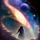 Woman in flowing dress admires celestial scene with galaxies, moon, and planet.