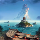 Traditional pagoda on lush island in serene landscape