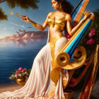 Regal woman in gold and white attire on ornate throne by serene sea and cliffs