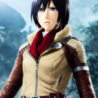 Female character with short black hair in tan jacket and combat gear