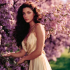 Regal woman with crown in elegant dress among pink cherry blossoms