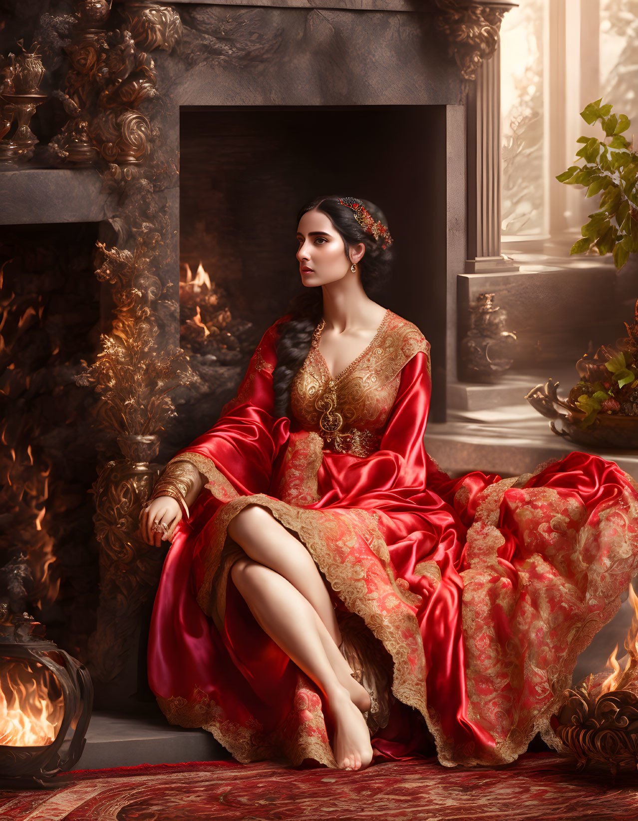 Elegant woman in luxurious red dress by fireplace