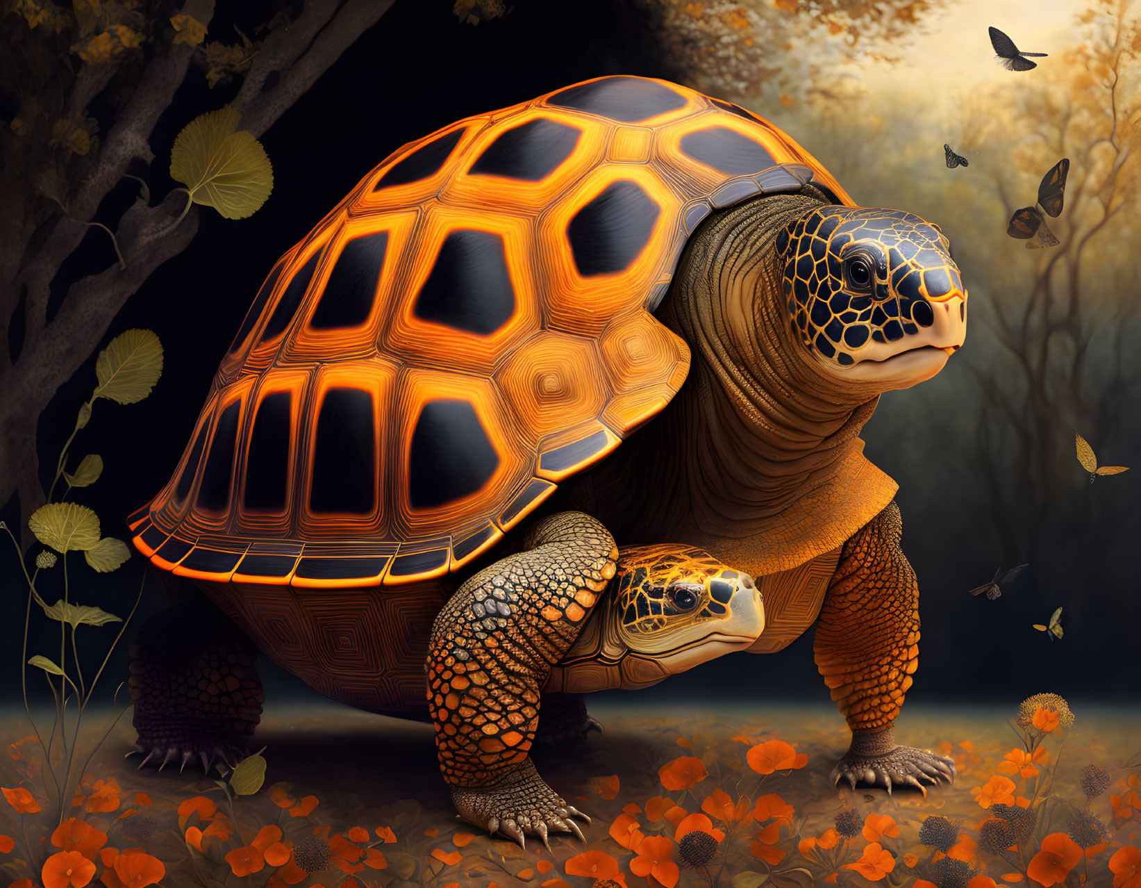 Realistic tortoise in serene forest with butterflies and autumn leaves