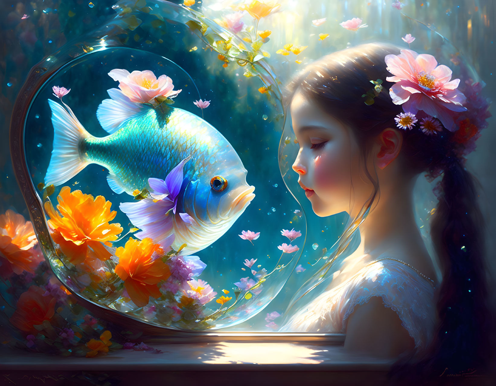 Young girl and fish in bowl among colorful flowers under radiant light