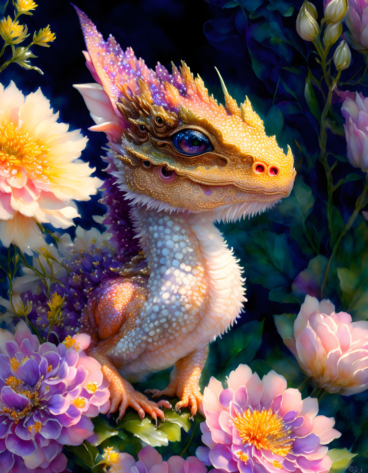 Detailed illustration of whimsical dragon with golden, gem-encrusted snout among vibrant flowers