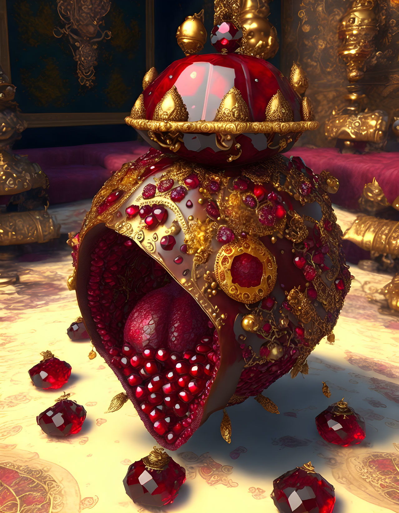 Jewel-encrusted golden crown with rubies on red velvet surface