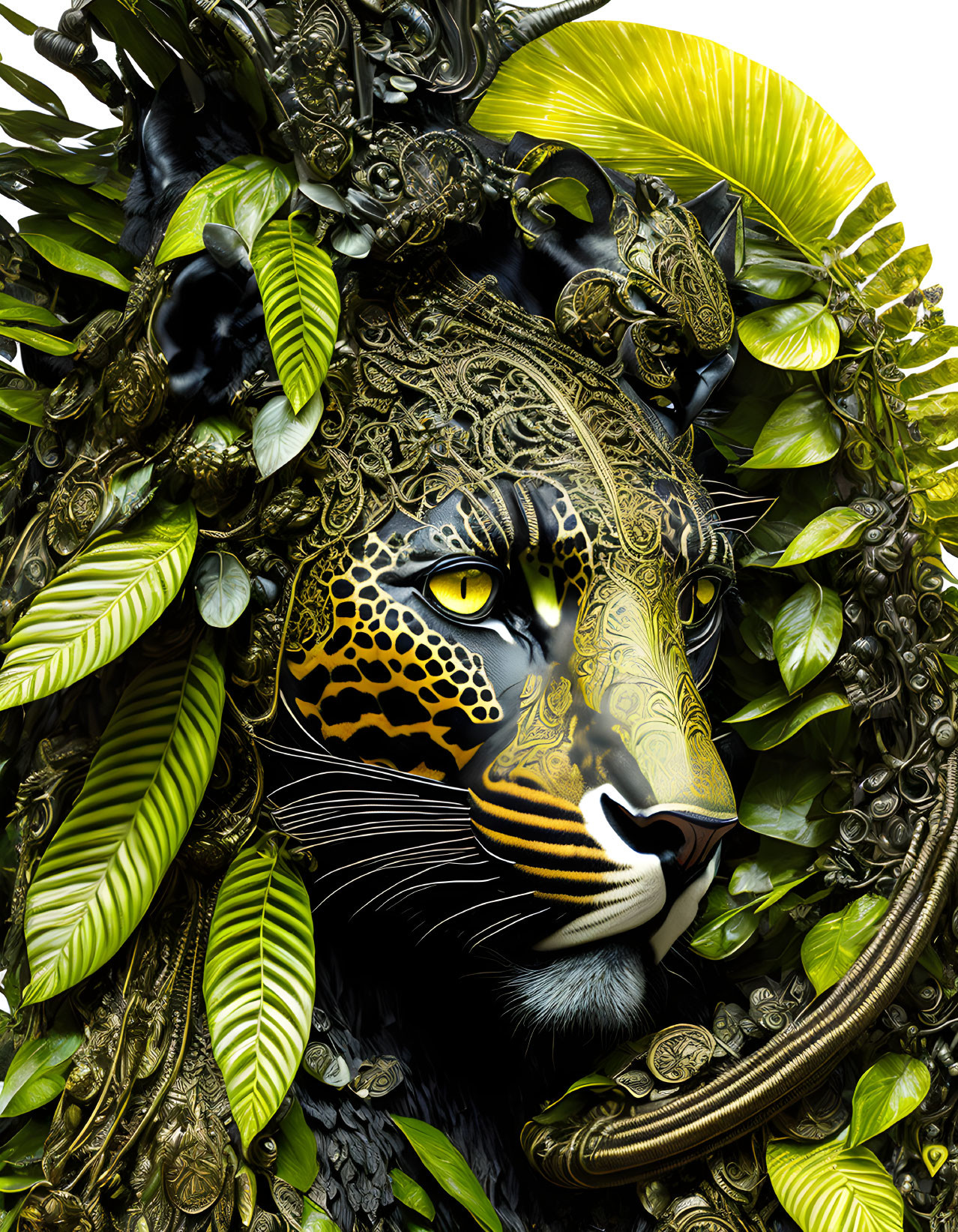 Jaguar head artwork with black and gold tribal patterns surrounded by green leaves