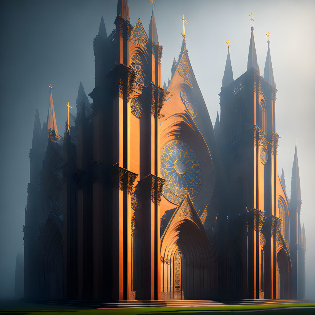 Gothic Cathedral with Tall Spires and Rose Window in Warm Light