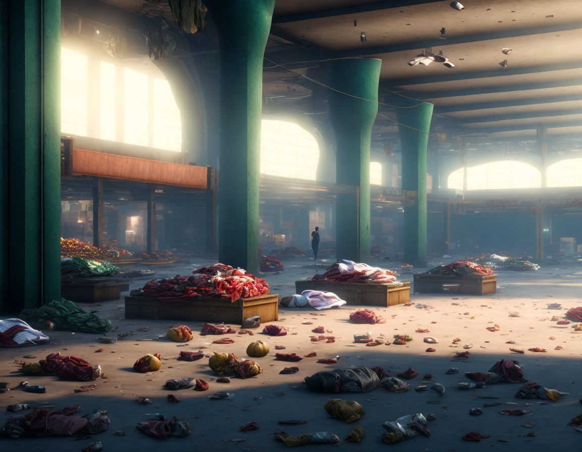 Deserted market hall with scattered produce and clothing.