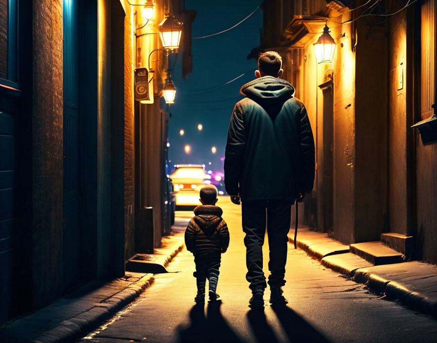 Man and child walking on dimly lit street at night with street lamps and car lights.