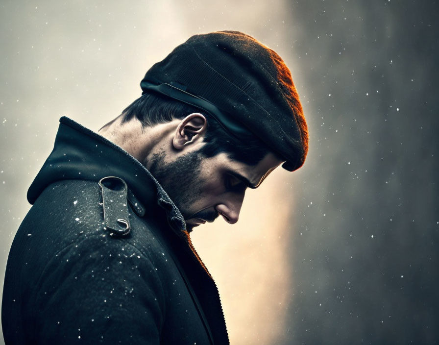 Man in Peaked Cap Contemplating Snowflakes