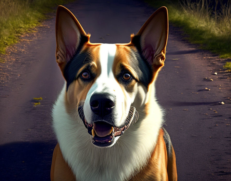 Brown and White Dog with Pointed Ears and Striking Eyes Sitting on Path