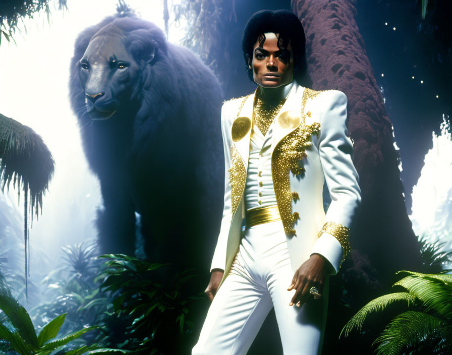 Person in white & gold outfit with lion in misty jungle landscape