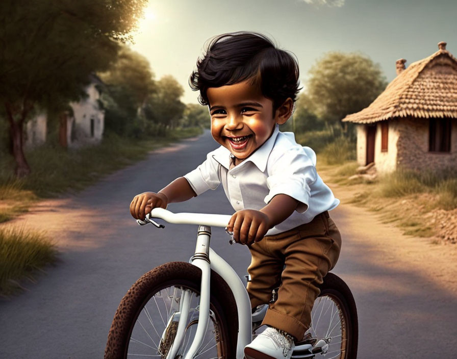 Toddler riding tricycle in rural setting with traditional houses and trees