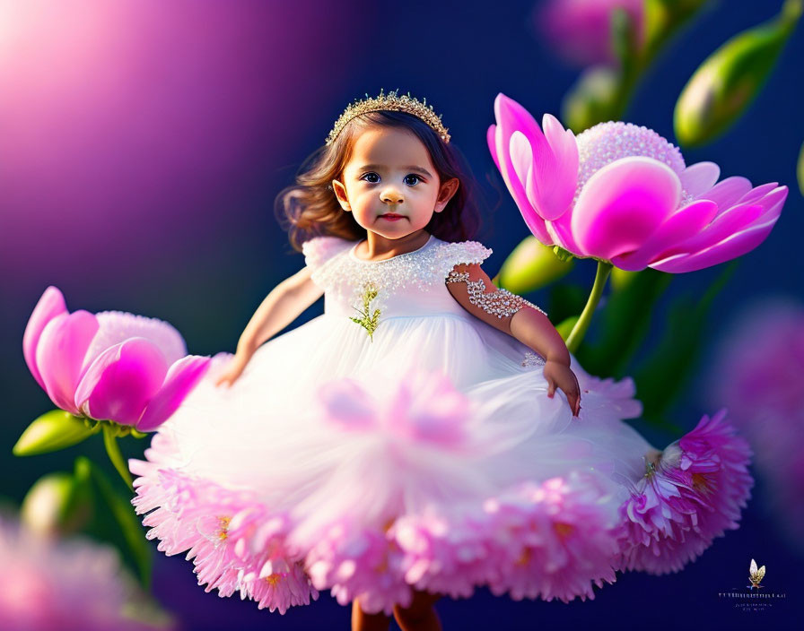 Young girl in white dress and tiara surrounded by pink flowers on blue background