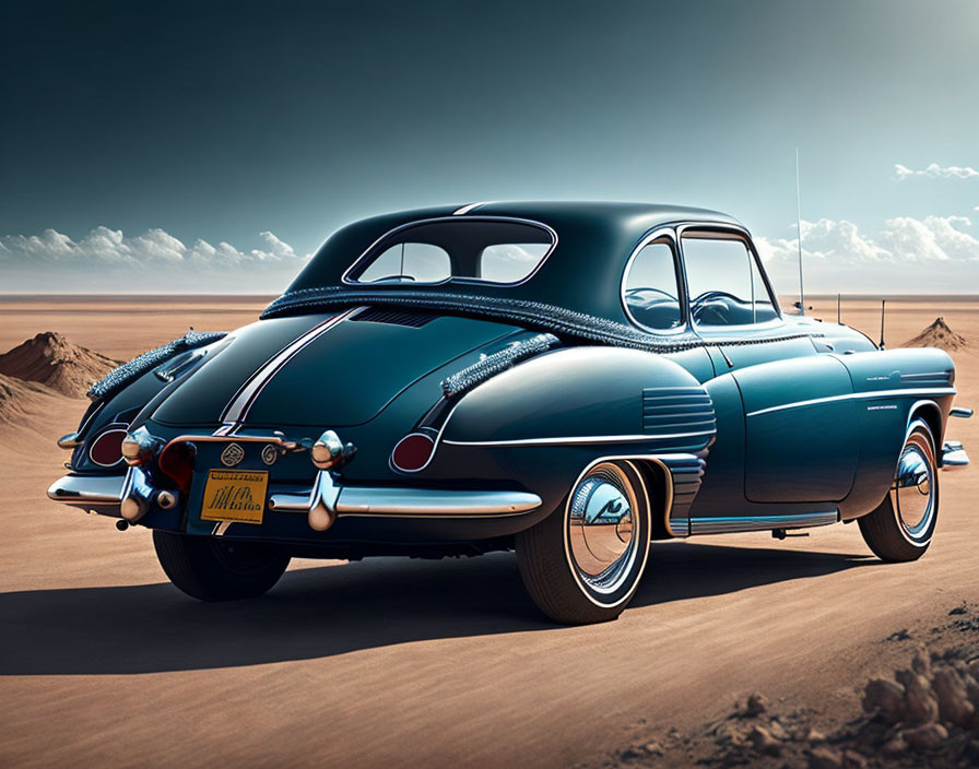 Classic Blue Car Parked in Desert Landscape