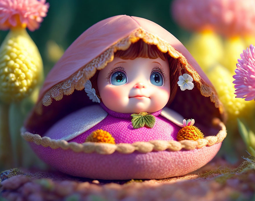 Adorable animated doll in pink pea pod with large eyes and flowers