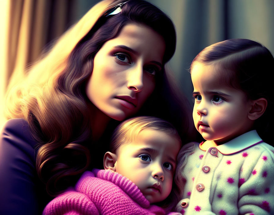 Woman with wavy hair holding two children in contemplative poses