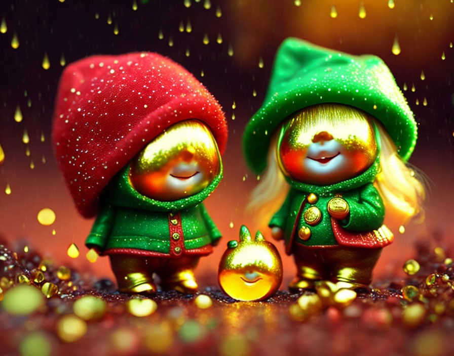 Festive red and green animated figures in sparkling scene