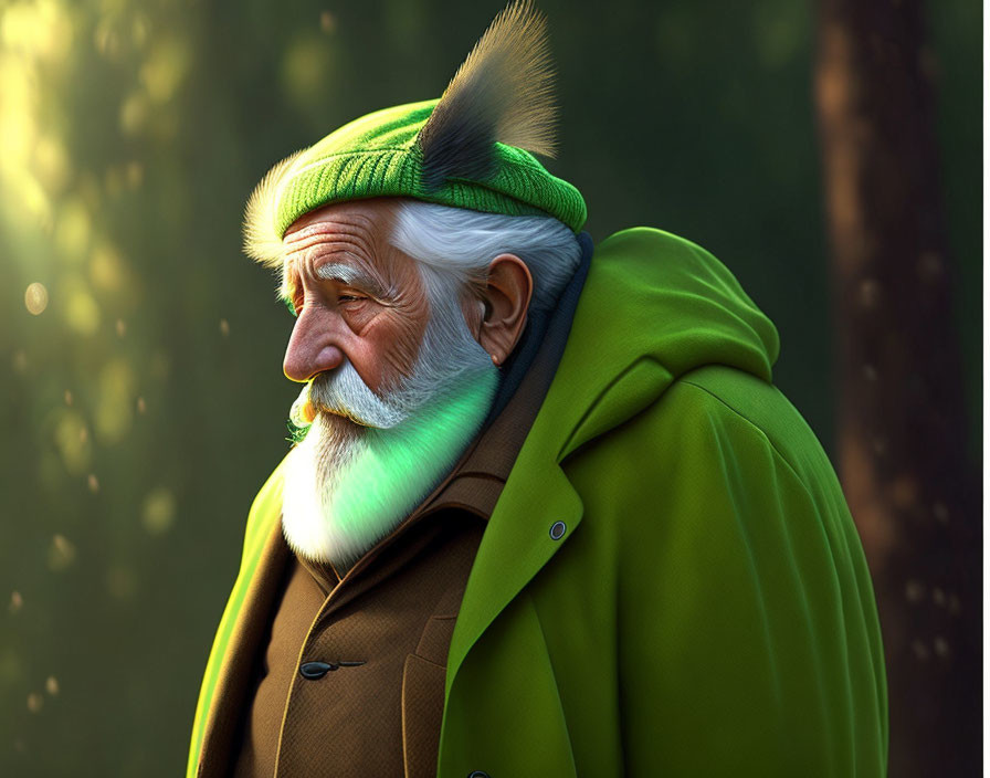 Elderly Man in Green Cap and Coat in Sunlit Forest