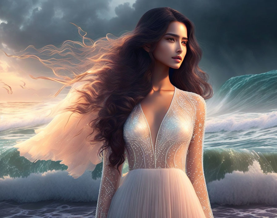 Digital artwork featuring woman with flowing hair and translucent dress in dramatic seascape