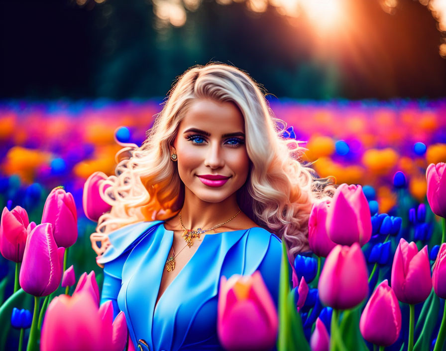 Blonde woman in blue dress amid colorful tulip field at sunset