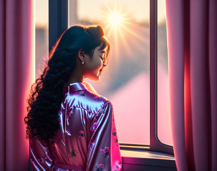 Traditional robe-clad woman gazes at sunrise through window.