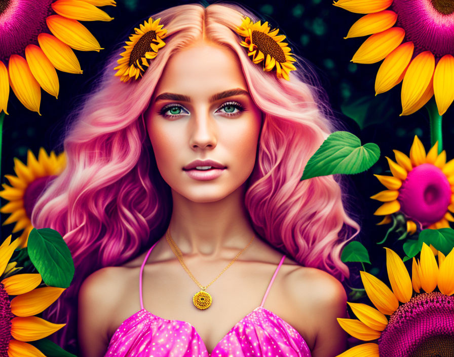 Woman with Pink Hair and Blue Eyes in Sunflower Field Portrait