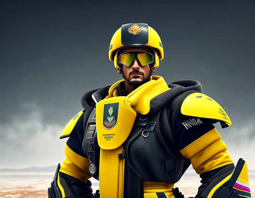 Firefighter in Yellow and Black Suit with Helmet and Goggles against Moody Sky