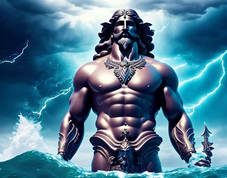 Muscular mythological god emerges from stormy sea with trident