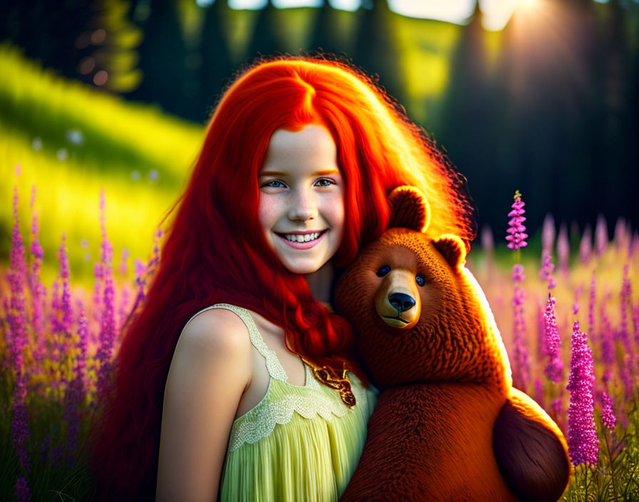 Red-Haired Girl with Teddy Bear in Purple Flower Field