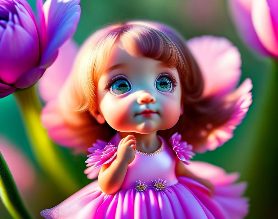 Digital Artwork of Doll-Like Character with Blue Eyes and Curly Hair in Pink Dress among Pink