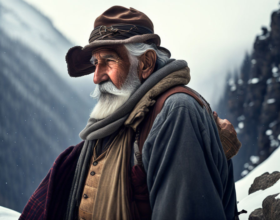 Elderly bearded man in hat and layered clothing against snowy mountain.