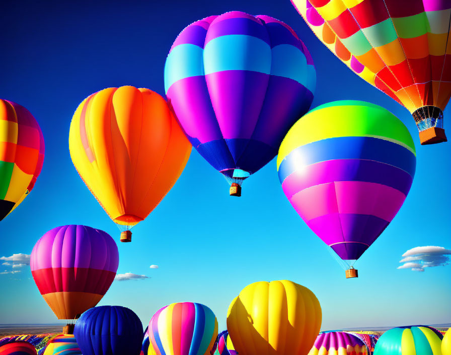 Vibrant hot air balloons in blue sky with more on ground