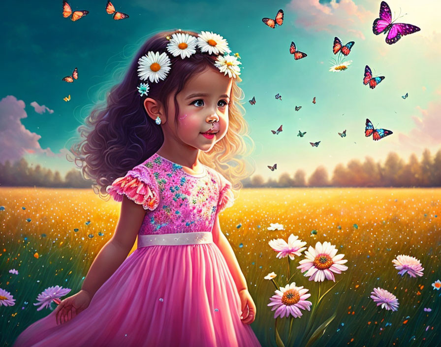 Digital art: Young girl in pink dress with floral headband in flower field