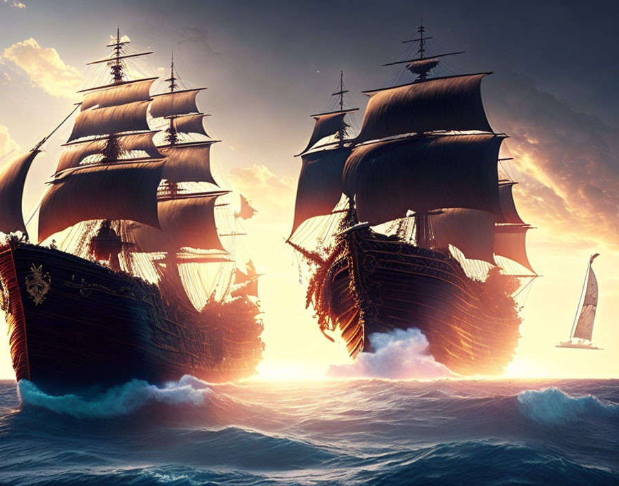 Majestic sailing ships on rough seas at sunset