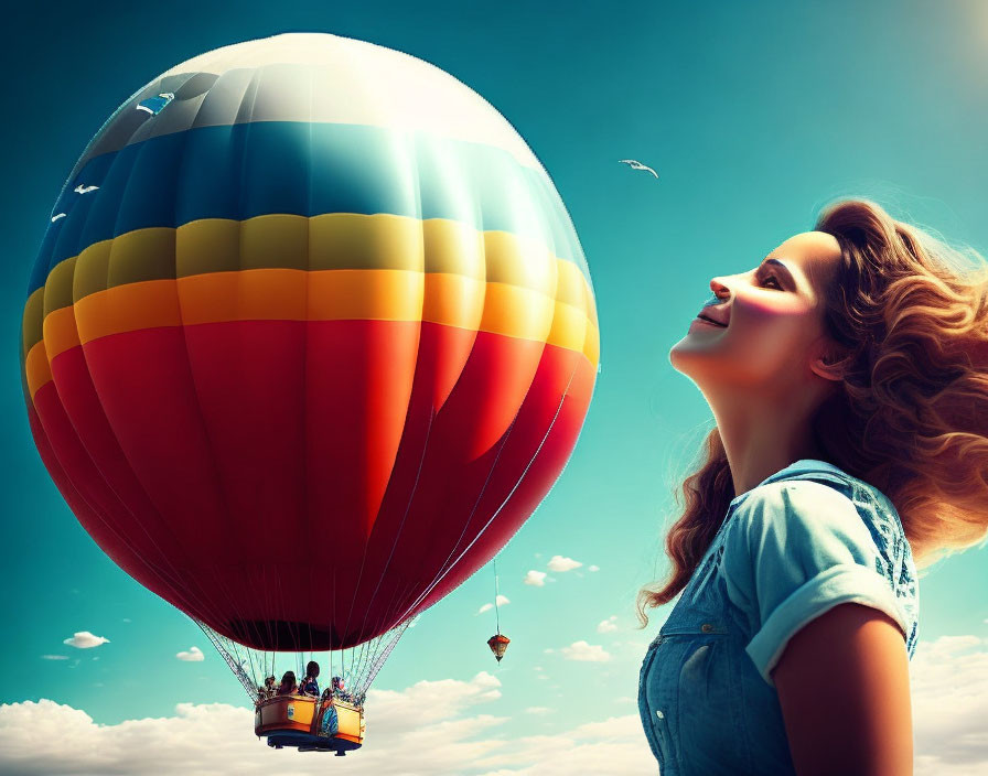 Smiling woman admires colorful hot air balloon in clear blue sky